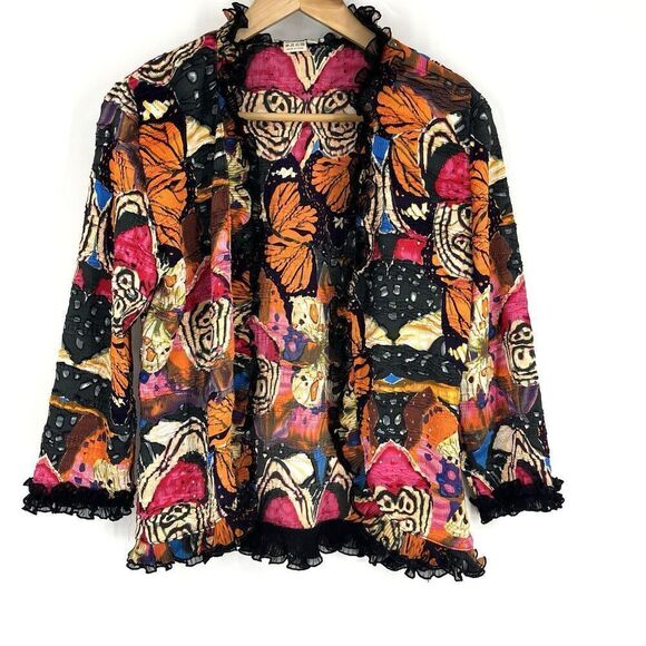Alberto Makali Shirt Size Large Crinkle Cardigan Ruffle Top Blouse Sequins Artsy - Picture 1 of 7